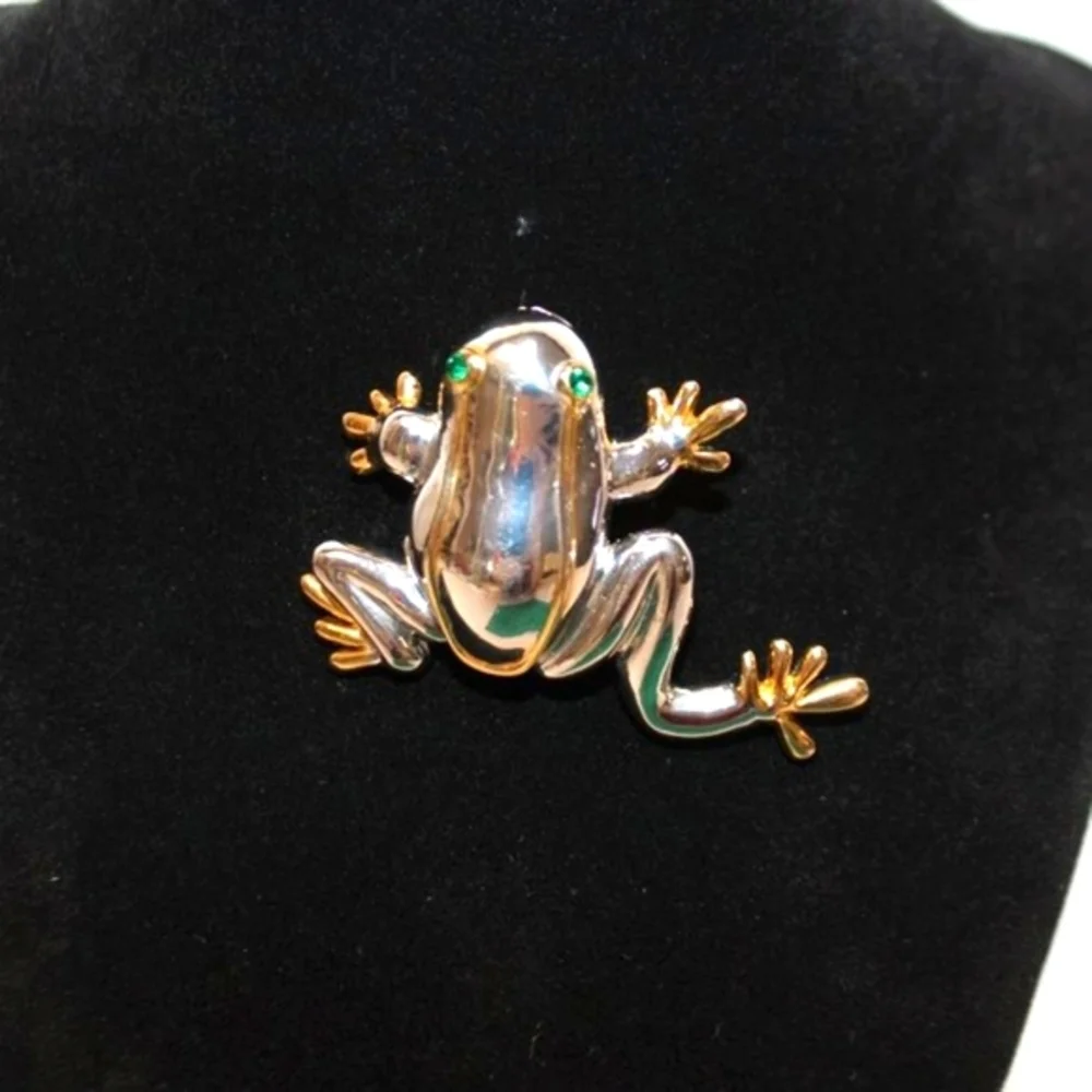 Silver and Gold Trimmed Frog Brooch with Green Eyes
